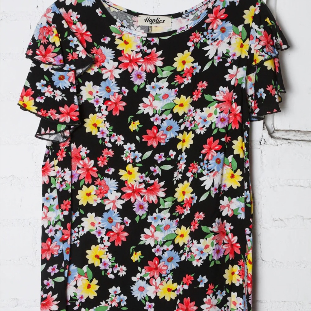 Women's Floral Ruffle Sleeve Top - Black Multi